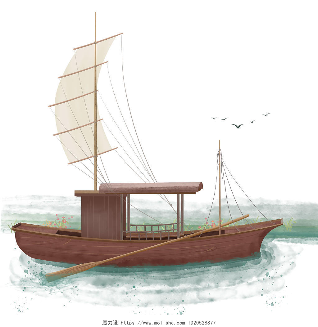中国古风复古小木船只舟观光帆船停泊靠岸水墨船元素插画